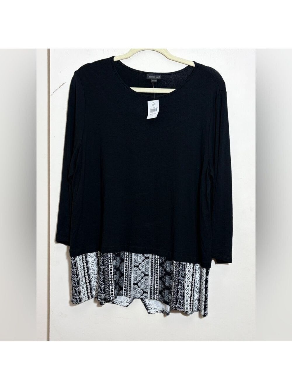 J. Jill Wearever Black Knit Tunic Border Print Hem 3/4 Sleeve Size L NWT